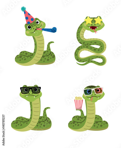 Set of funny snakes with glasses and other different accessories