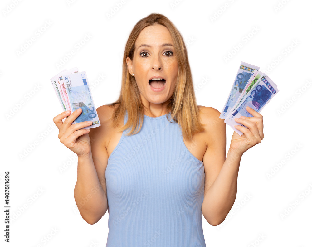 Happy winner! Portrait of a cheerful young woman holding money banknotes isolated over transparent background. Happy winner! Portrait of a cheerful young woman holding money banknotes isolated over transparent background.