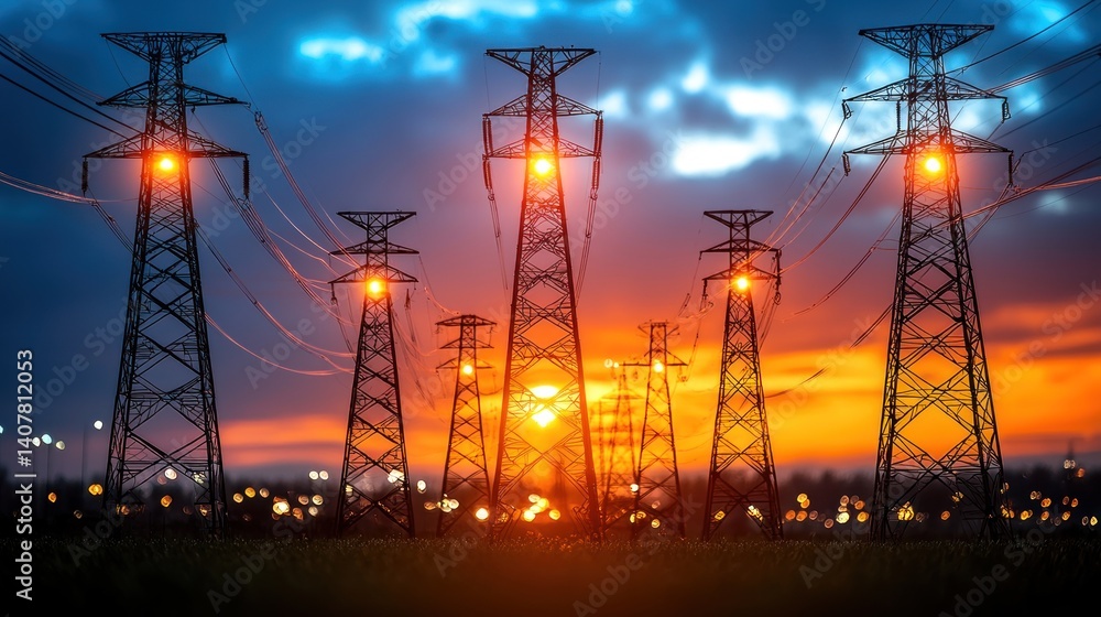 Fototapeta premium Electric Towers at Sunset: A Stunning Display of Power and Nature's Beauty