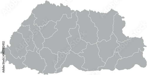A vector map of Bhutan with administrative regions in shades of gray and white borders. Minimalist design with a transparent background, ideal for design, education, or cartography.

