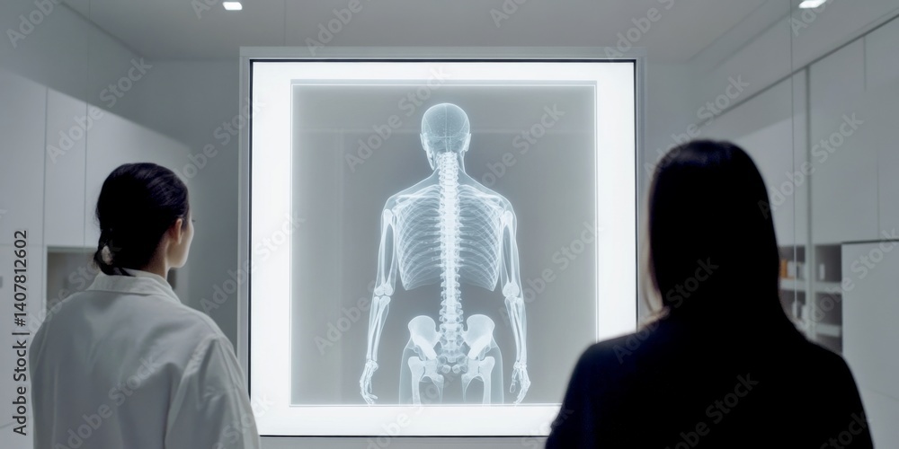 Medical professionals examine an X-ray image of a human skeleton in a modern clinic. This image showcases the importance of healthcare and technology in diagnostics. AI