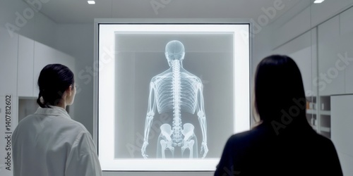 Obraz na płótnie Medical professionals examine an X-ray image of a human skeleton in a modern clinic. This image showcases the importance of healthcare and technology in diagnostics. AI w salonie