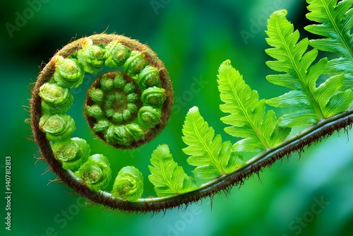 Close-up of fern leaf unfurling vibrant green