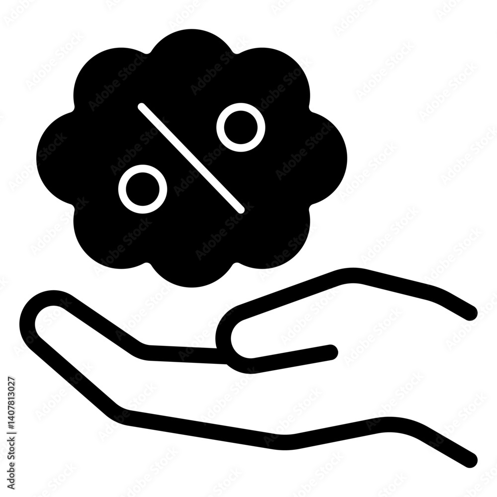 Discount and hand solid icon, shopping concept. Vector graphics. Price discount, bubble sign on white background, glyph style mobile or design. Discount and hand solid icon, shopping concept. Vector graphics. Price discount, bubble sign on white background, glyph style mobile or design.