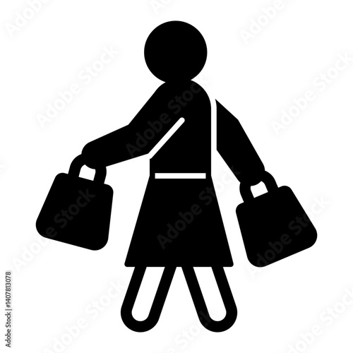 Woman walks for shopping solid icon, consumer bag concept. Vector graphics. Lady with shopping bags, shopper sign on white background, glyph style mobile or design.