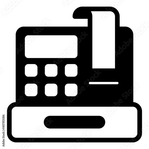 Cash register with check bill solid icon, shopping purchase concept. Vector graphics. Money counter with safe, tool sign on white background, glyph style mobile or design.