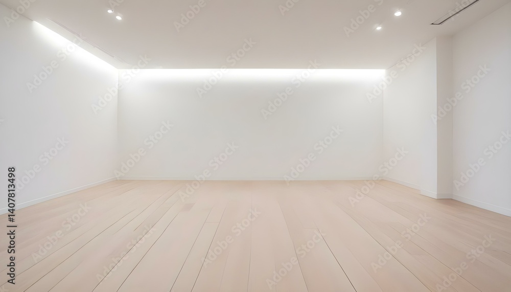 Fototapeta premium A pristine, empty interior featuring light wood floors and white walls, illuminated by ambient lighting.