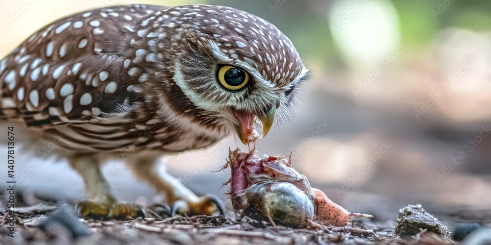 A small owl capturing its meal in nature. This image showcases the beauty and intensity of wildlife. Perfect for nature lovers. A stunning representation of the wild. AI