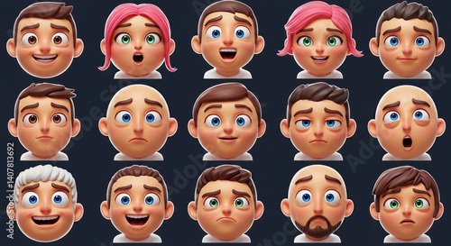 Cartoon character sticker faces expressing various emotions on a dark background  