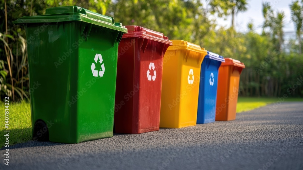 Colorful bins promoting recycling and environmental awareness Colorful bins promoting recycling and environmental awareness