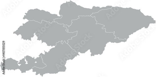 Vector map of Kyrgyzstan in gray with white borders of regions. Minimalist political subdivision map.

