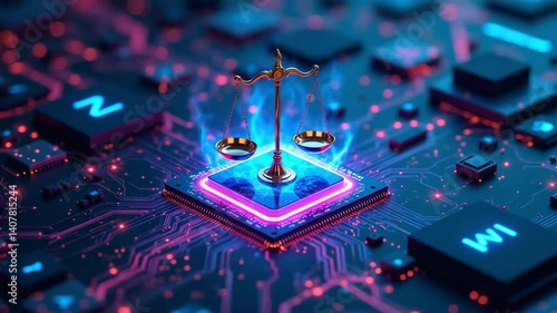 Digital Justice System Concept with Scales on Circuit Board