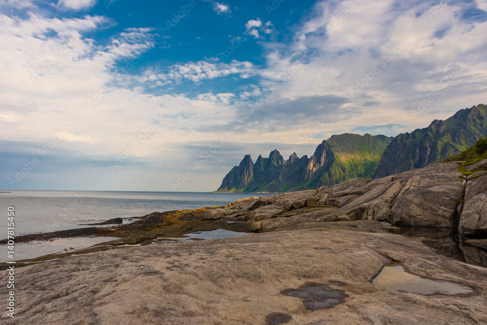 The Tungeneset (Devil's Teeth), mountains over the ocean in Senja Island, Norway