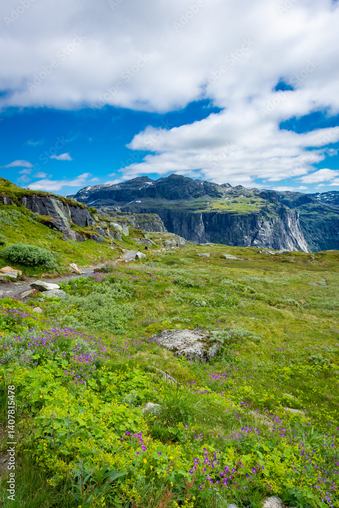Beautiful mountain landscape in the trail for Trolltunga, Norway