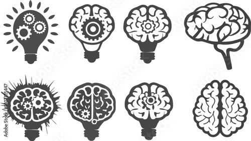 Unique Brain and Bulb Silhouette Set for Innovation and Enlightened Thinking in Art and Design