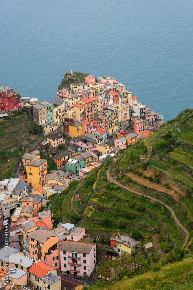 Colorful view of Manarola from above, Cinque Terre, Italy