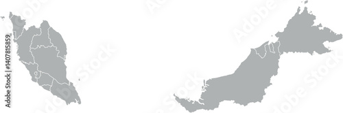 Vector map of Malaysia in gray with white borders of states and territories. Minimalist political subdivision map.

