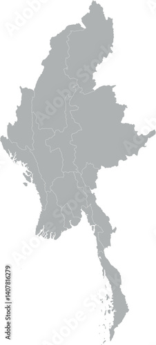 Vector map of Myanmar in gray with white borders of states and regions. Minimalist political subdivision map.

