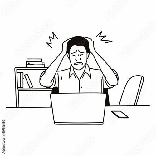 Line Art Middle aged man having stressful time working on laptop from home office