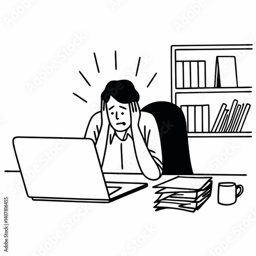 Line Art Middle aged man having stressful time working on laptop from home office