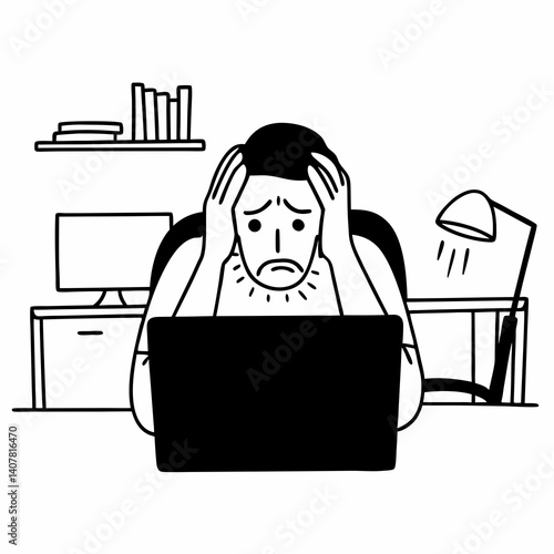 Line Art Middle aged man having stressful time working on laptop from home office