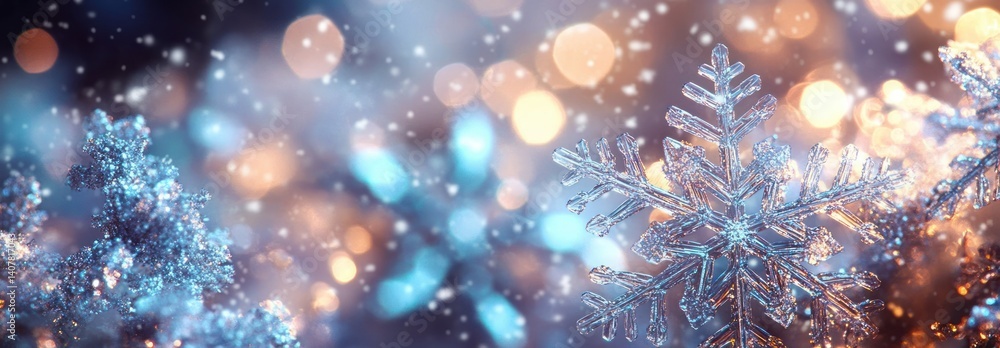 Fototapeta premium Close-up of Delicate Snowflakes with Soft Bokeh Lights Background in Magical Winter Atmosphere