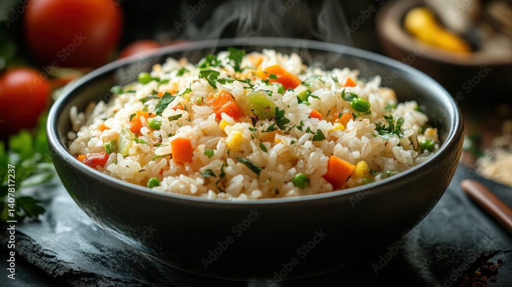 Steaming Bowl of Delicious Vegetable Fried Rice Steaming Bowl of Delicious Vegetable Fried Rice