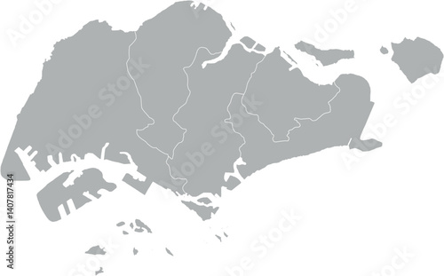Vector map of Singapore in gray with white borders of planning areas. Minimalist political subdivision map.

