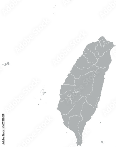 Vector map of Taiwan in gray with white borders of counties and cities. Minimalist political subdivision map.

