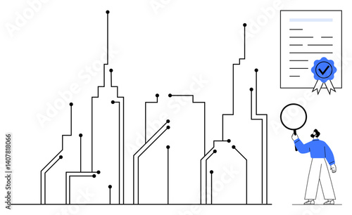 Urban skyline connected by digital nodes and a certificate with a ribbon emphasizing innovation. Man holds a magnifying glass. Ideal for technology, urban planning, innovation, certification, future