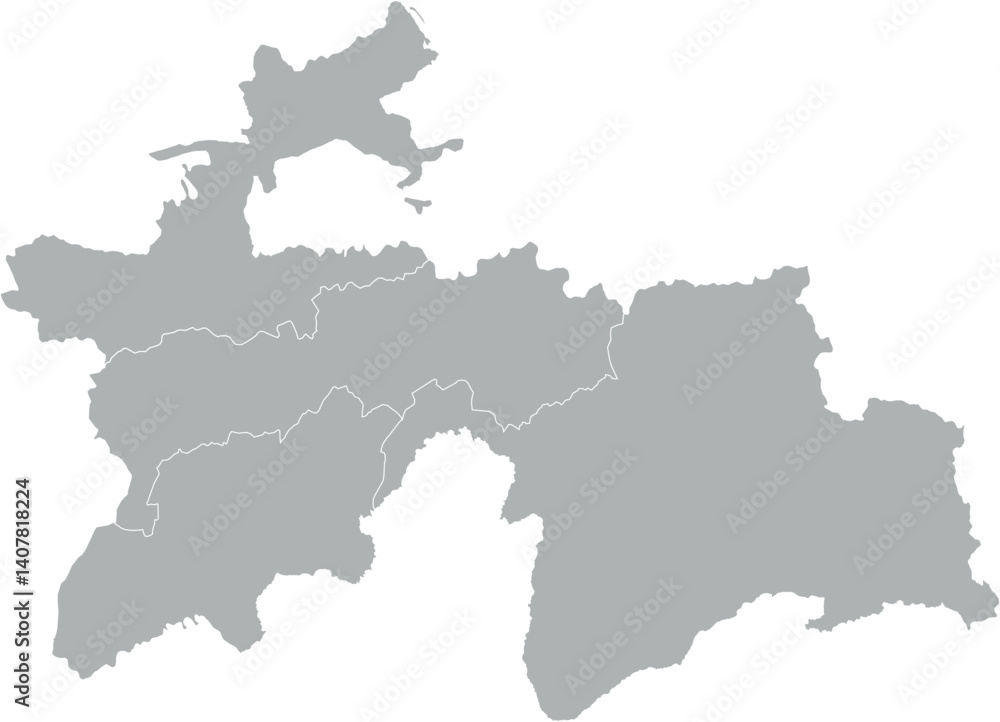 Vector map of Tajikistan in gray with white borders of regions. Minimalist political subdivision map.
Vector map of Tajikistan in gray with white borders of regions. Minimalist political subdivision map.