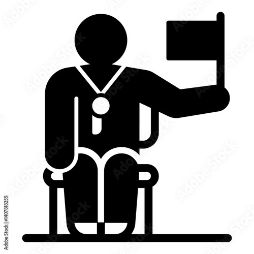 Referee man with racket solid icon, tennis concept. Vector graphics. Trainer of tennis with flag, sport sign on white background, glyph style mobile or design.