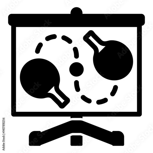 Presentation board with rackets and ball solid icon, tennis game tactic concept. Vector graphics. Whiteboard with rackets and ball, presentation sign on white background, glyph style mobile or design.