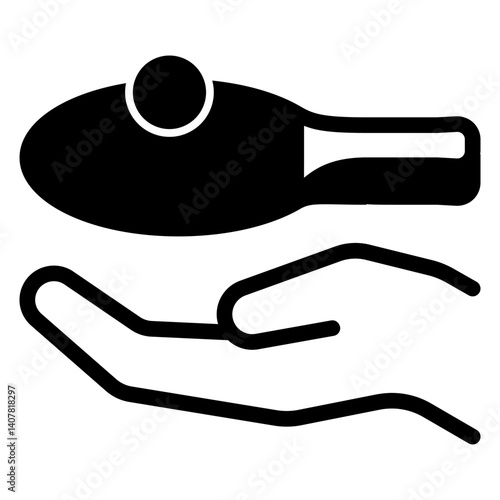 Hand palm with racket and ball solid icon, table tennis concept. Vector graphics. Accessory for game, sport sign on white background, glyph style mobile or design.
