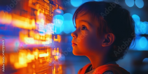 A curious child gazes at a vibrant display of lights and colors. The scene captures wonder and exploration. This image reflects a futuristic and imaginative style. AI