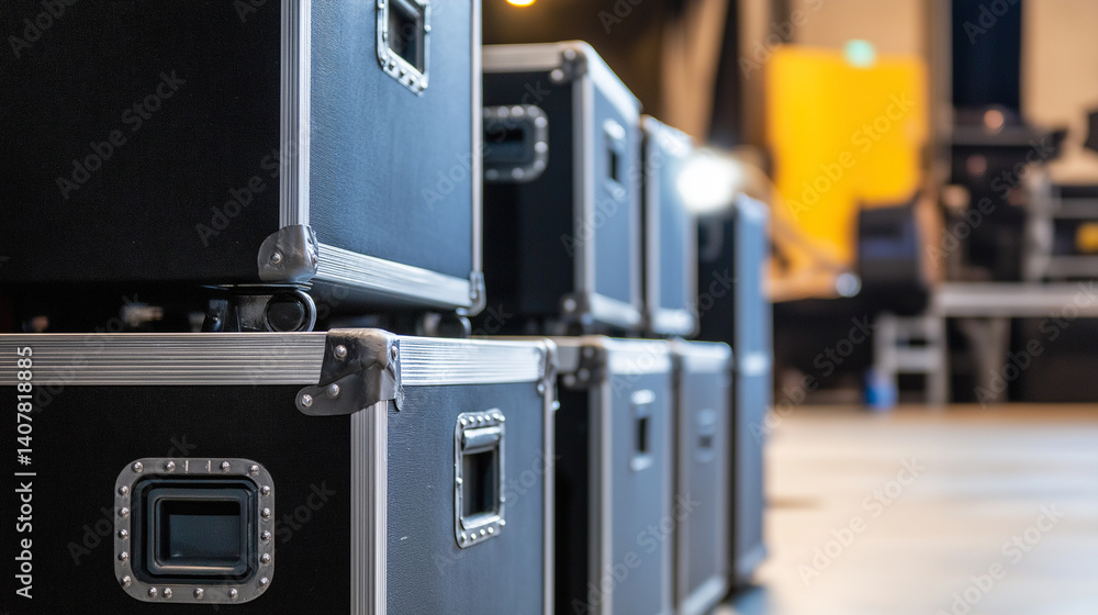 Stacked black road cases used for transporting equipment, symbolizing logistics, event production, and professional storage solutions.