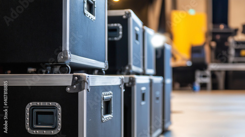 Obraz na płótnie Stacked black road cases used for transporting equipment, symbolizing logistics, event production, and professional storage solutions. w salonie