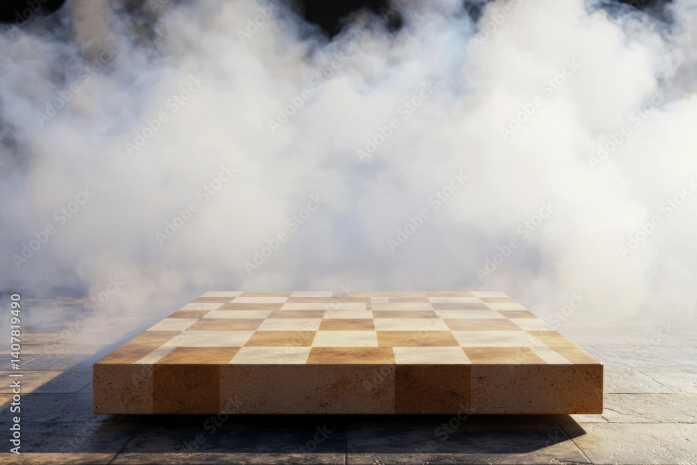 Checkered platform under white smoke against a dark background, on concrete tiles Checkered platform under white smoke against a dark background, on concrete tiles