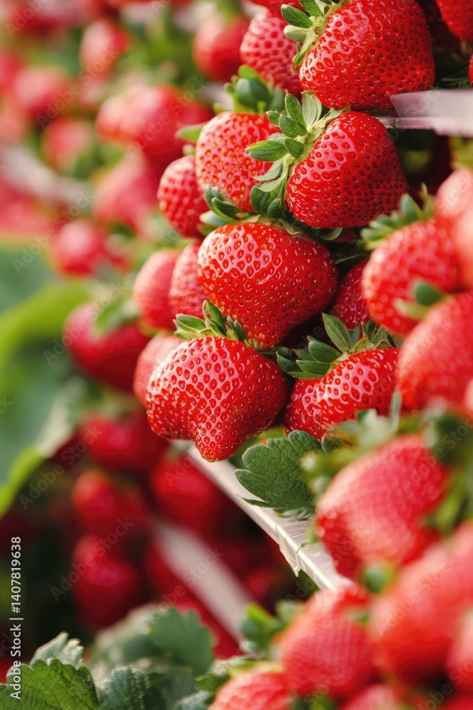 Fresh strawberries on shelves at farm, close-up with blurred background Fresh strawberries on shelves at farm, close-up with blurred background