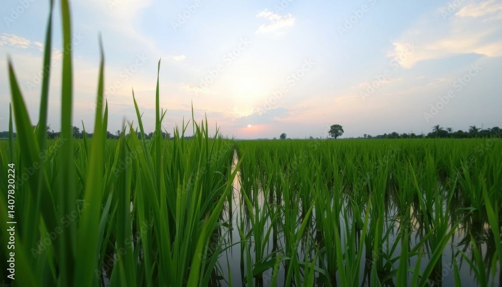 Fototapeta premium Serene Sunset Over Lush Green Rice Paddy Field Water Reflections