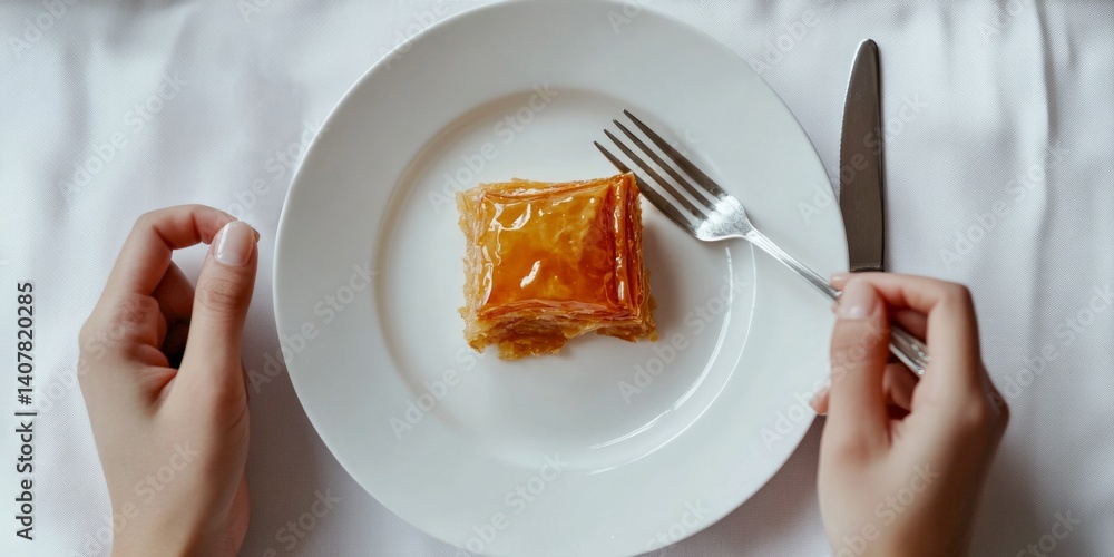 A close-up of a delicious piece of baklava on a white plate. The golden layers shine in the light. Perfect for food lovers and culinary enthusiasts. A classic dessert to savor. AI