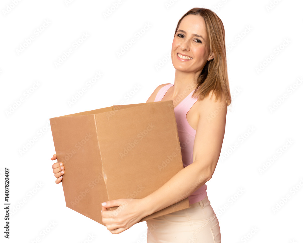 post, package and delivery concept - smiling woman in casual clothes with parcel box isolated over transparent background. post, package and delivery concept - smiling woman in casual clothes with parcel box isolated over transparent background.