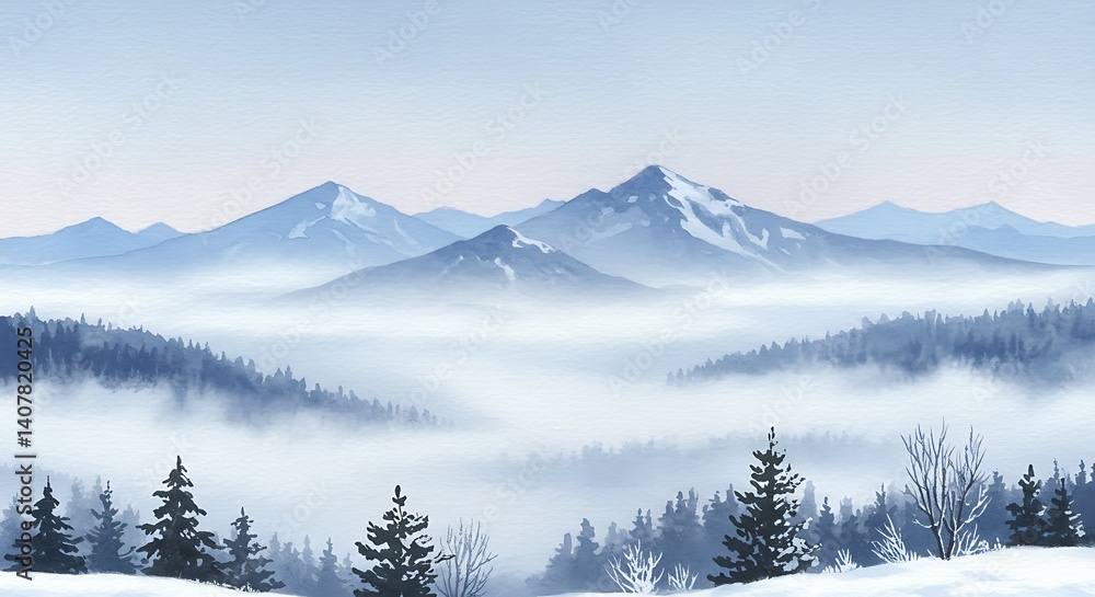 Fototapeta premium Misty Mountain Majesty: Winter's Serene Embrace AI Generated