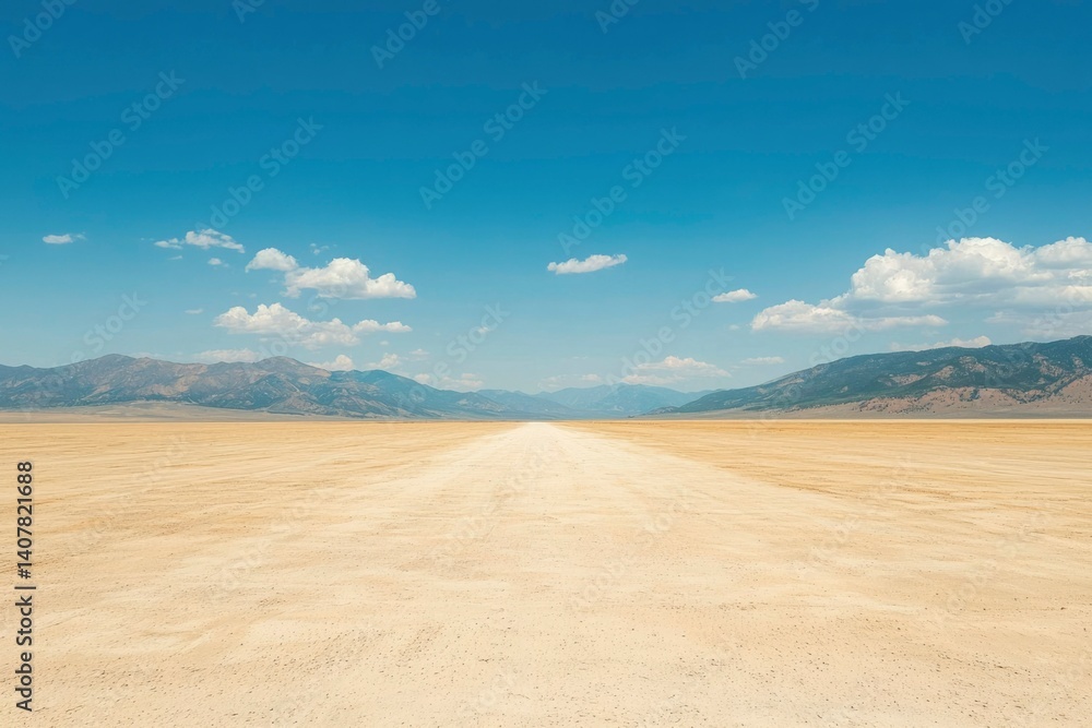 Fototapeta premium Desert Road Leads to Distant Mountains under Bright Sky with Scattered Clouds