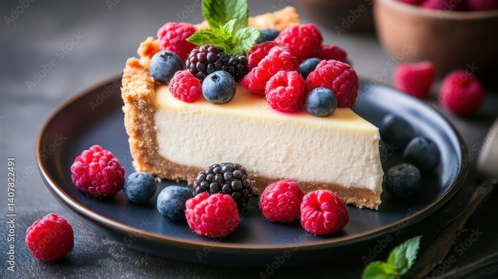 A creamy cheesecake topped with an assortment of fresh berries, including raspberries, blueberries, and blackberries, served on a gray plate. A creamy cheesecake topped with an assortment of fresh berries, including raspberries, blueberries, and blackberries, served on a gray plate.