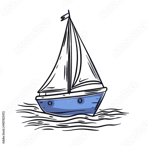 Sailboat sailing on waves in a hand-drawn style  