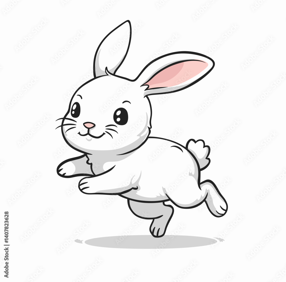 Fototapeta premium Cute cartoon rabbit hopping playfully on a white background 