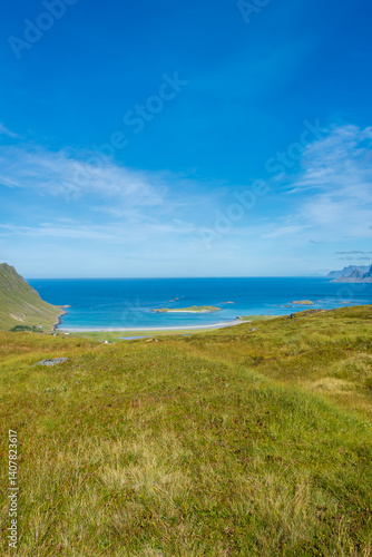 Hiking trail of Mount Ryten to go to Kvalvika Beach in the Lofoten Islands,  Norway