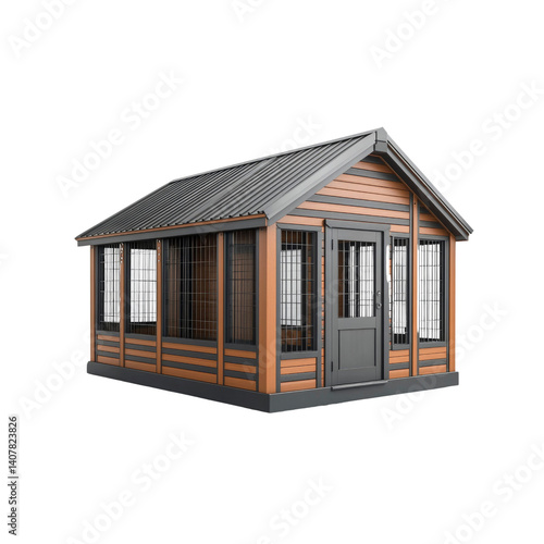 Luxurious Wooden Dog House with Metal Roof and Windows - 3D Render