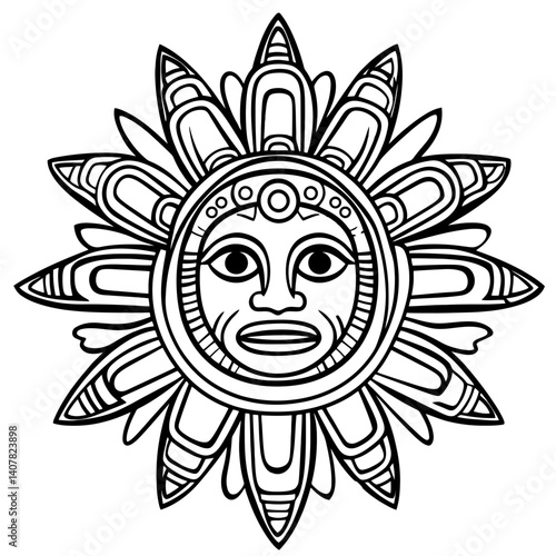 Intricate Aztec sun stone icon in line art style depicting ancient cultural significance and artistry